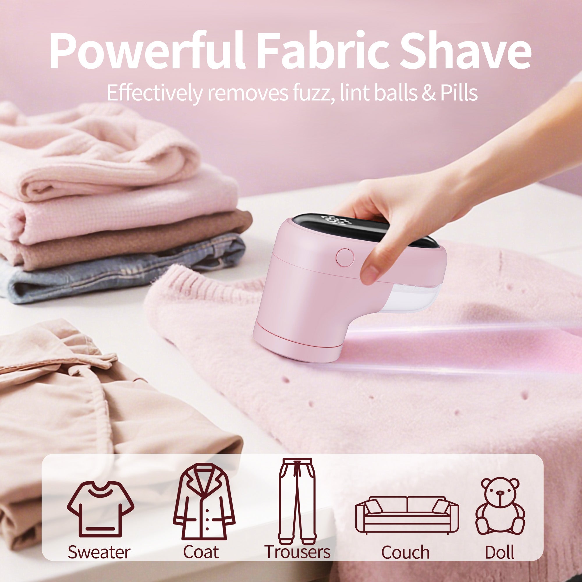 Fabric Shaver, Lint Remover Rechargeable, 3 Speeds Electric Sweater Defuzzer with LED Digital Display, Extra 3 Shaver 6-Leaf Blades, Pink