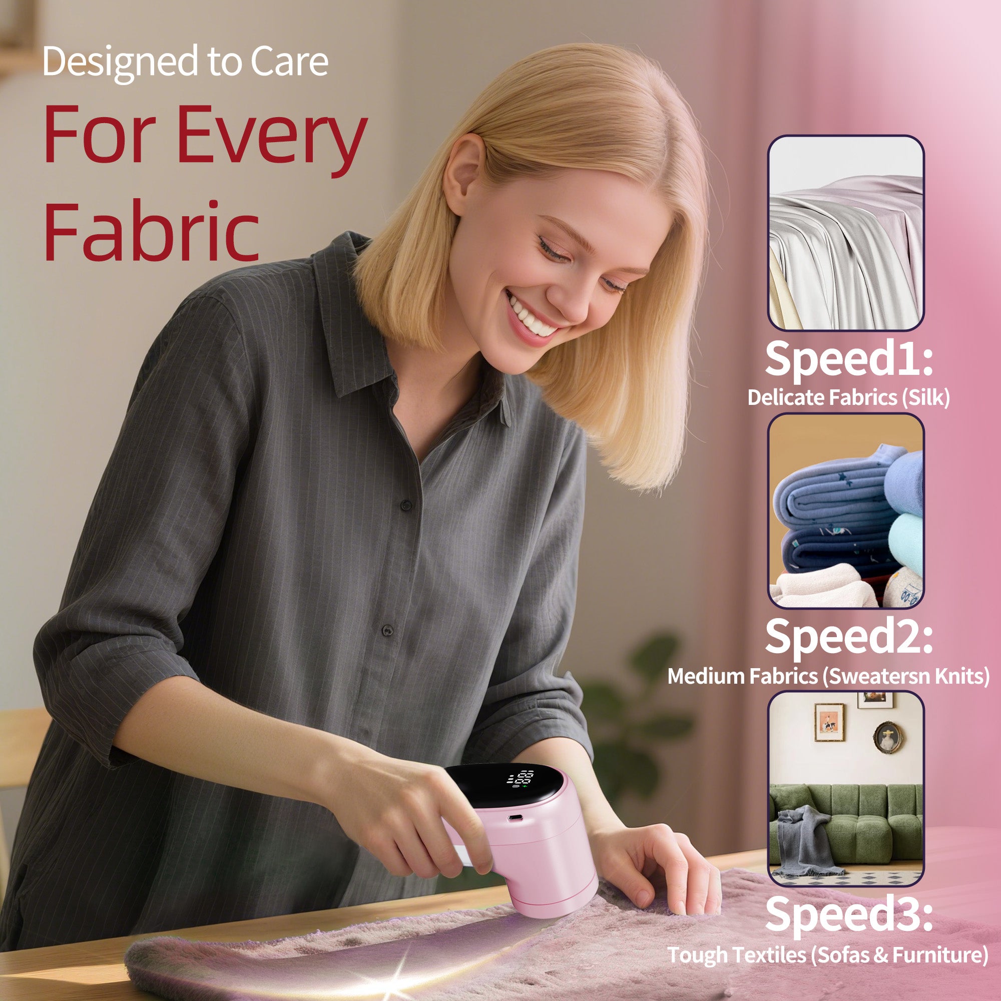 Fabric Shaver, Lint Remover Rechargeable, 3 Speeds Electric Sweater Defuzzer with LED Digital Display, Extra 3 Shaver 6-Leaf Blades, Pink