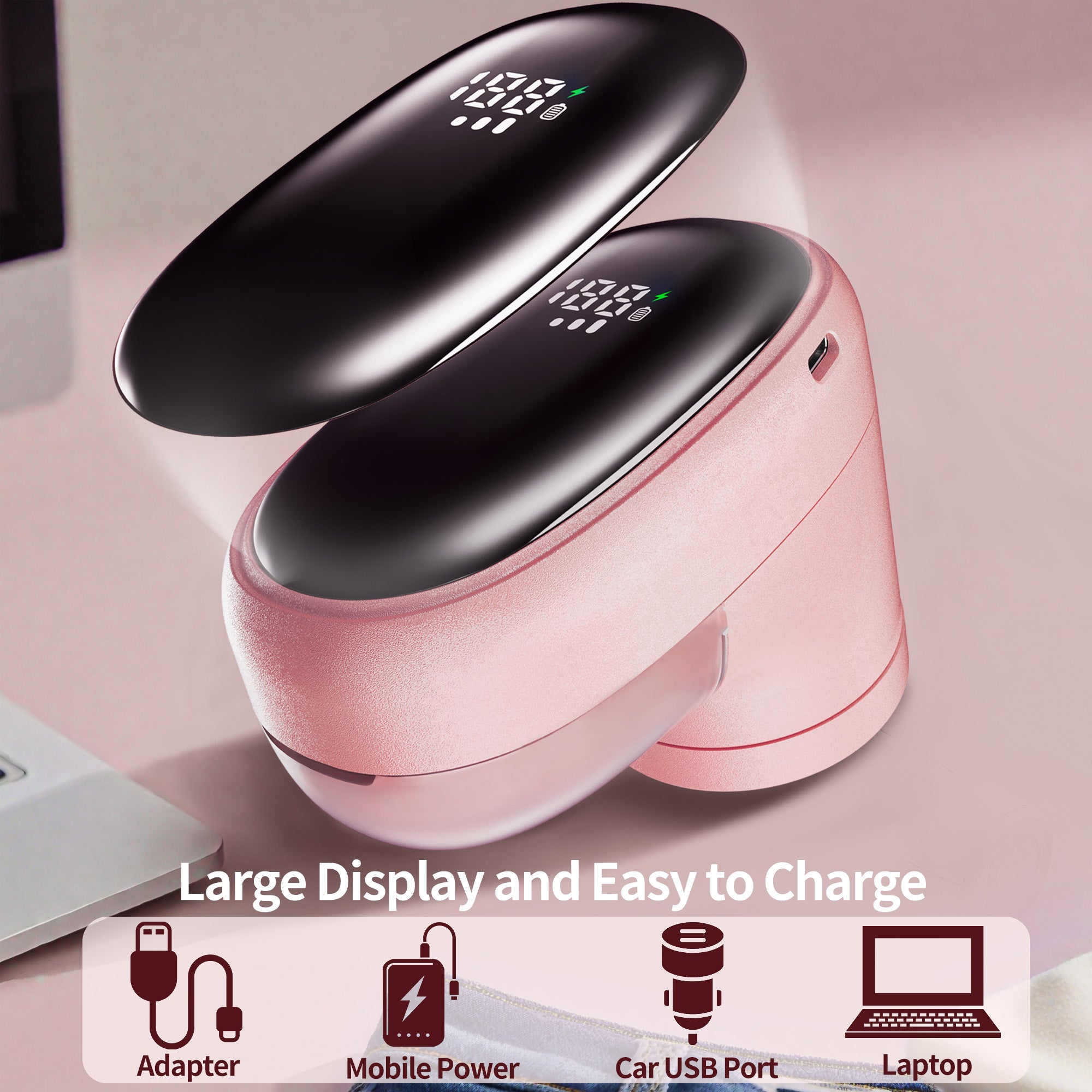 Fabric Shaver, Lint Remover Rechargeable, 3 Speeds Electric Sweater Defuzzer with LED Digital Display, Extra 3 Shaver 6-Leaf Blades, Pink