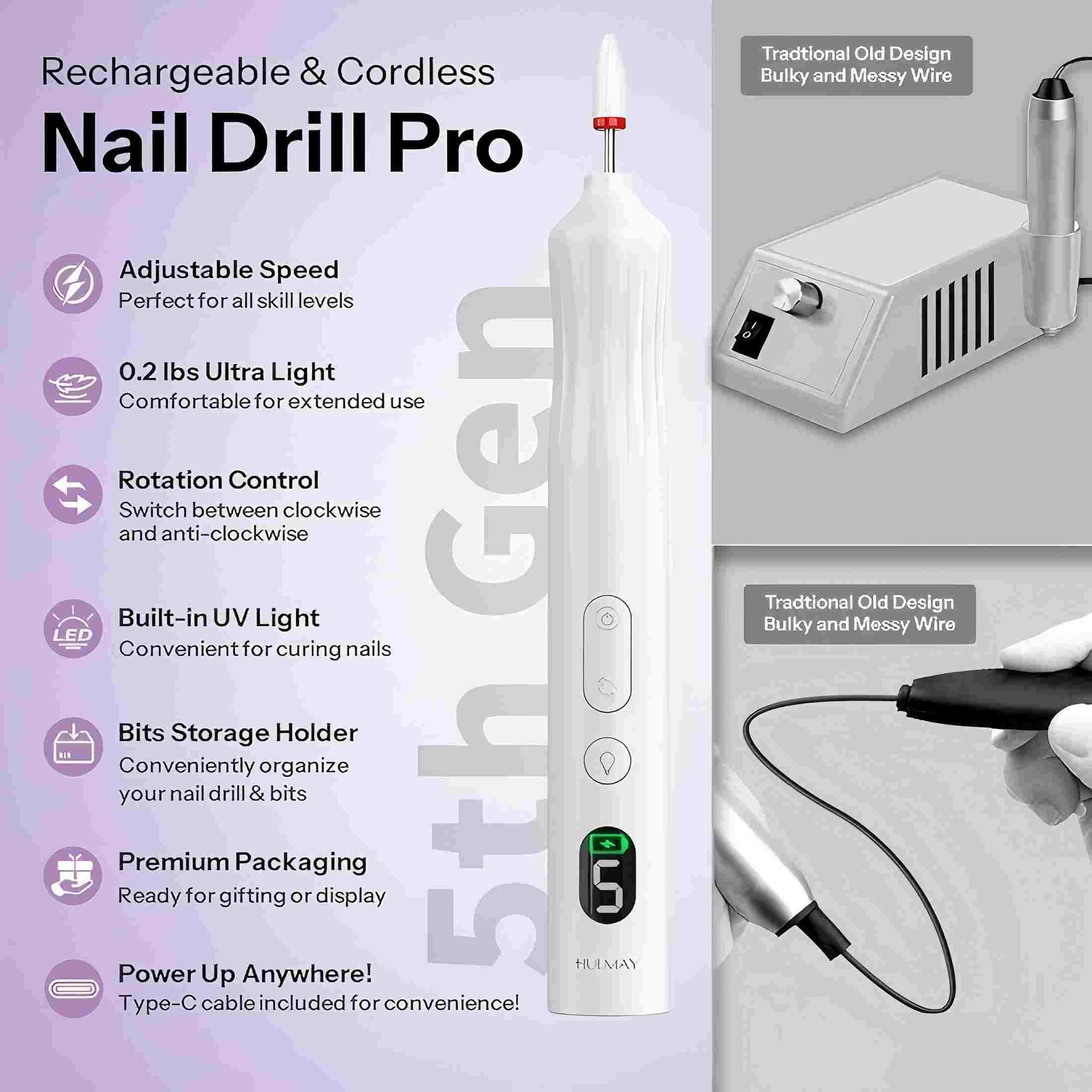 Cordless Electric Nail Drill with UV Light for Gel Nails Curing, Rechargeable Nail Drill Professional with 6 Bits, Nail Filing & Buffing, Toenails, Gel Polish Removal, Mani-Pedis Home or Salon