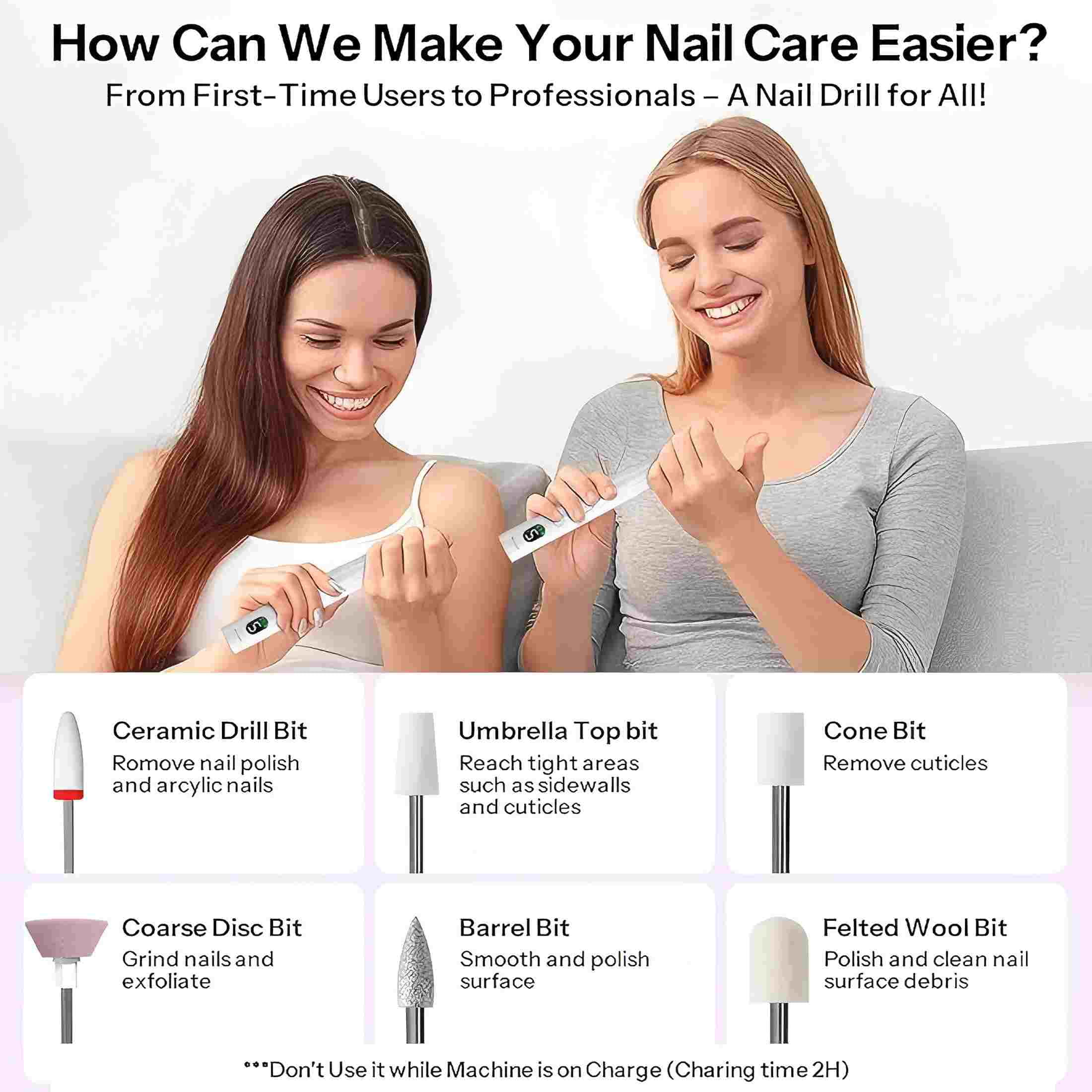Cordless Electric Nail Drill with UV Light for Gel Nails Curing, Rechargeable Nail Drill Professional with 6 Bits, Nail Filing & Buffing, Toenails, Gel Polish Removal, Mani-Pedis Home or Salon