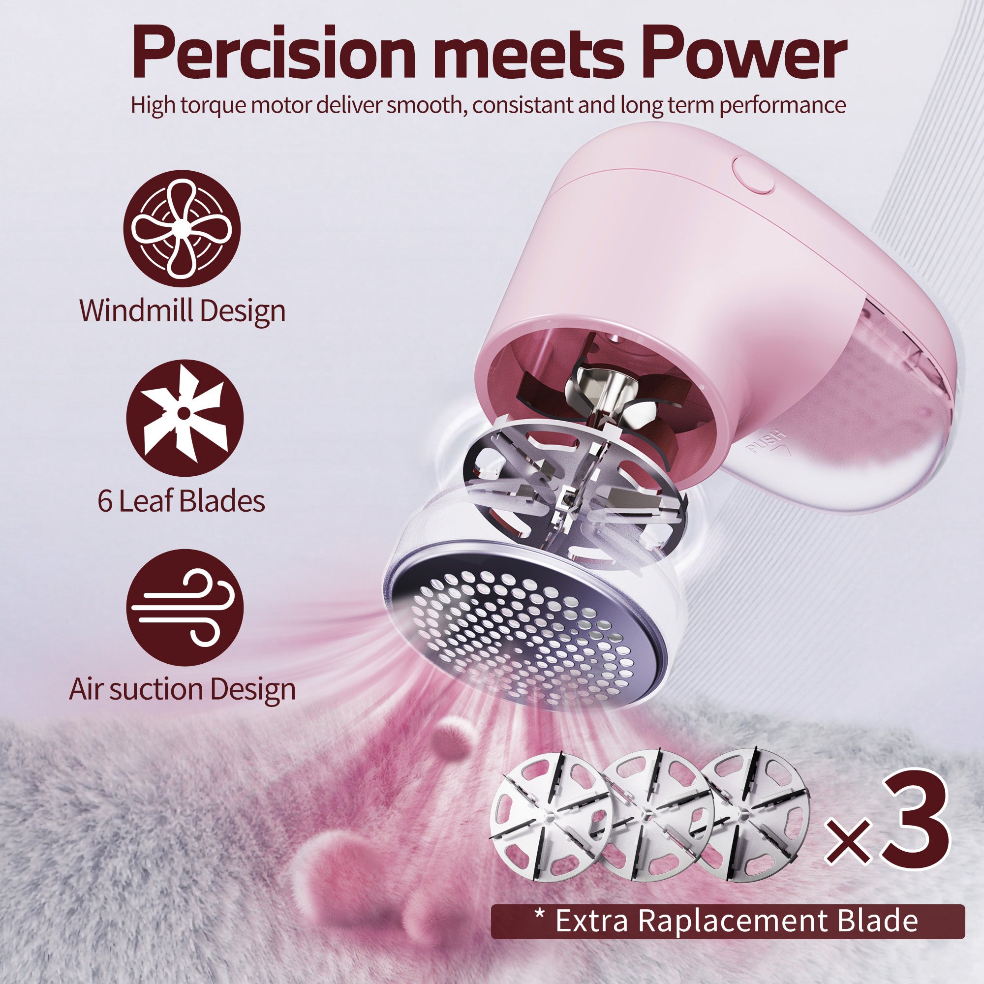 Fabric Shaver, Lint Remover Rechargeable, 3 Speeds Electric Sweater Defuzzer with LED Digital Display, Extra 3 Shaver 6-Leaf Blades, Pink